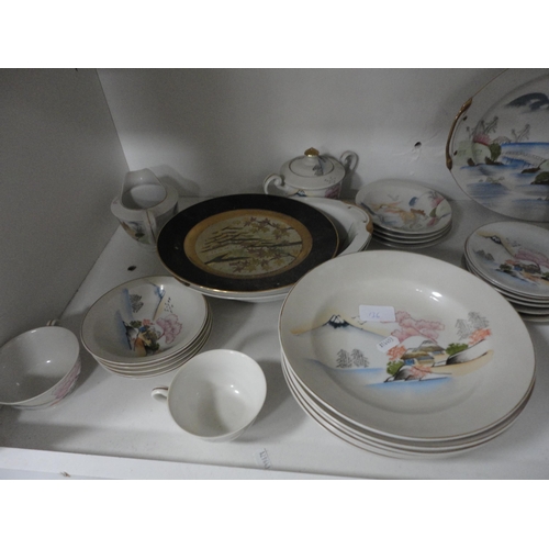 136 - Assorted teawares, part Japanese dinner set, posy ornaments etc (four shelves).