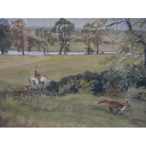 138 - Judith StowellHuntsman chasing a foxSigned, watercolour, also Duke of Buccleuch Hunt and other ... 