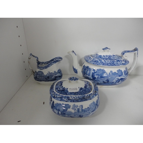 140 - Copeland Spode three-piece tea set, Victorian bachelor's-style teapot, Victorian comport and blue an... 