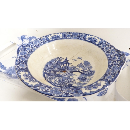 140 - Copeland Spode three-piece tea set, Victorian bachelor's-style teapot, Victorian comport and blue an... 