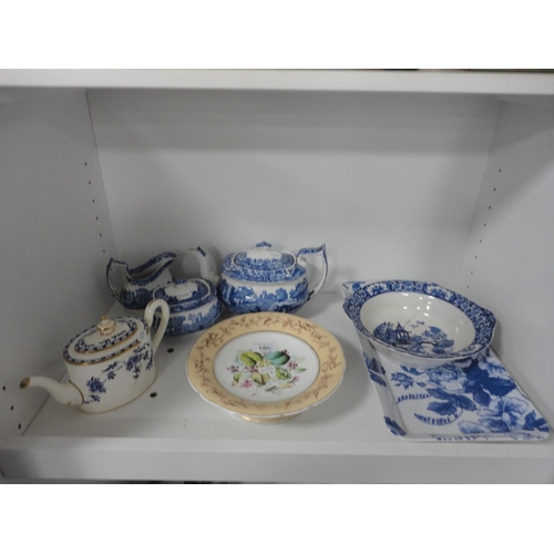 140 - Copeland Spode three-piece tea set, Victorian bachelor's-style teapot, Victorian comport and blue an... 