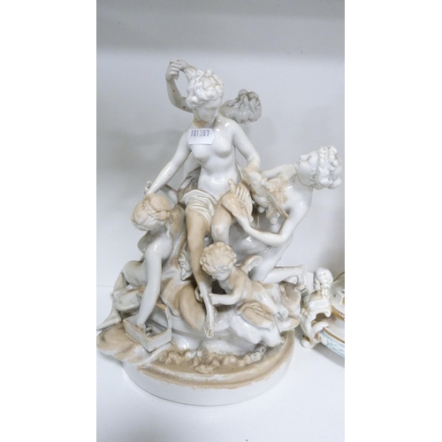 143 - Continental porcelain figural table lamp modelled as a figure playing a flute, classical-themed porc... 