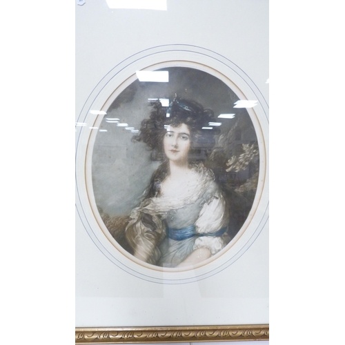 144 - Portrait print depicting Mrs Sheridan, another portrait print, and a watercolour by T Hughes Clayton... 