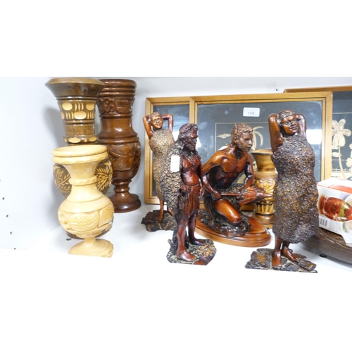 148 - Tribal-style resin figures, vases, modern Japanese pictures, EP and plated wares to include a galler... 