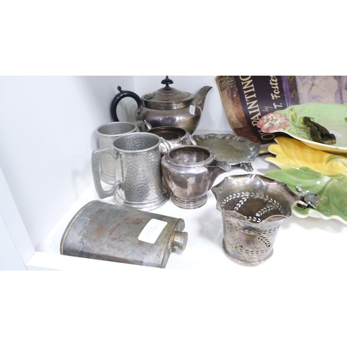 152 - EP and pewter wares to include teapot, flask, tankard, also Wedgwood Jasper ware spill vase, porcela... 