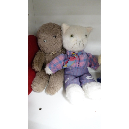 156 - Assorted teddy bears and soft toys (one shelf).