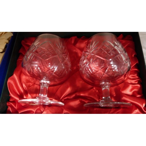 157 - Pair of boxed Thomas Webb Crystal brandy balloons, Waterford Crystal glasses, glass preserve jars, p... 