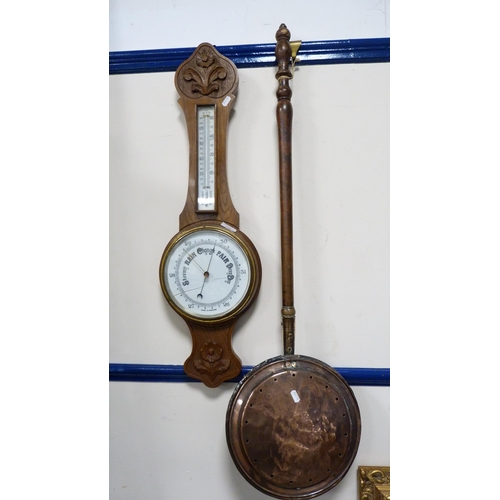 166 - Banjo wall barometer and a copper bed warming pan.  (2)