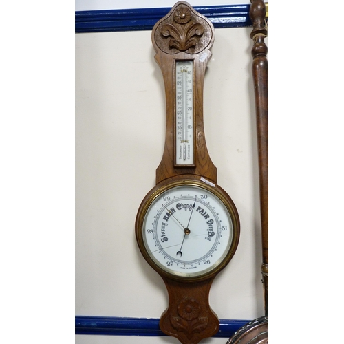 166 - Banjo wall barometer and a copper bed warming pan.  (2)