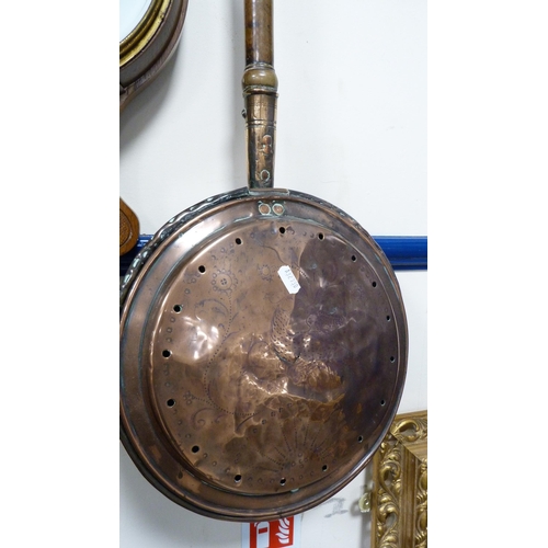 166 - Banjo wall barometer and a copper bed warming pan.  (2)