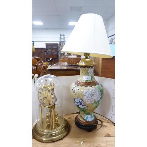 170 - Converted Chinese-style cloisonné table lamp and shade, and an anniversary clock under glass dome.  ... 