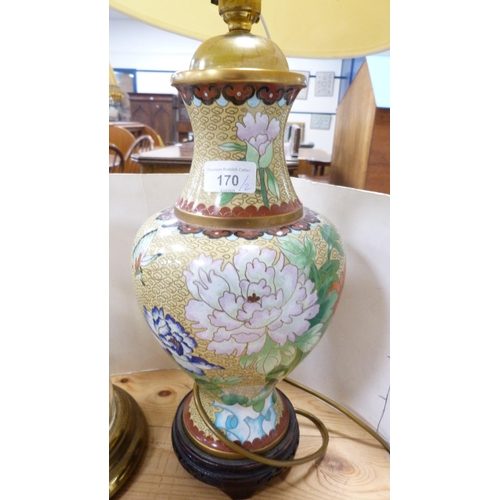 170 - Converted Chinese-style cloisonné table lamp and shade, and an anniversary clock under glass dome.  ... 