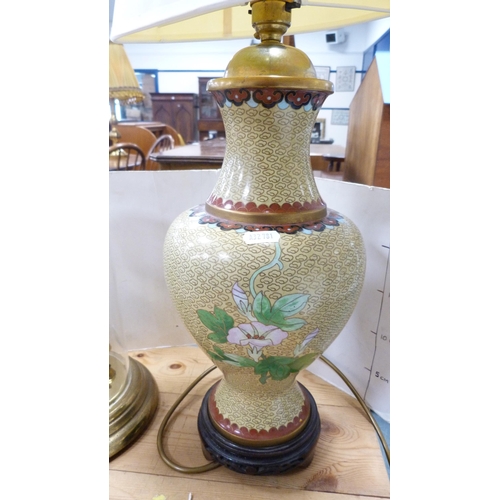 170 - Converted Chinese-style cloisonné table lamp and shade, and an anniversary clock under glass dome.  ... 