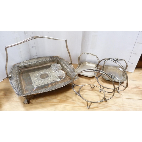 175 - Group of EP to include a basket with swing handle, butter dishes, ladles, antique four-piece tea set... 