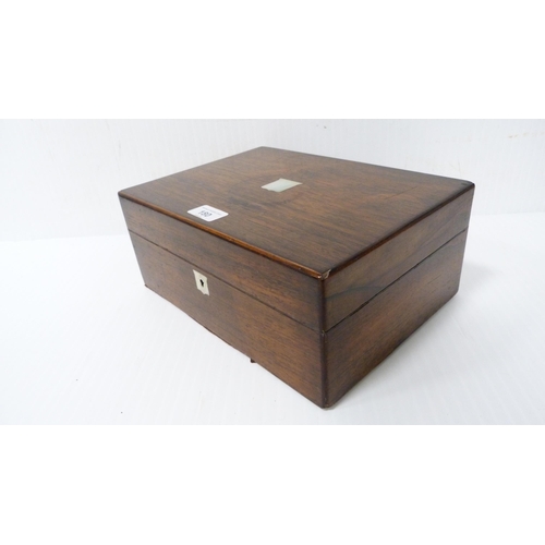 180 - Victorian rosewood portable box with mother of pearl cartouche and escutcheon.