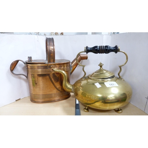 183 - Brass toddy kettle, copper watering can, two graduated hunting-themed jugs, boxed EP and plate to in... 