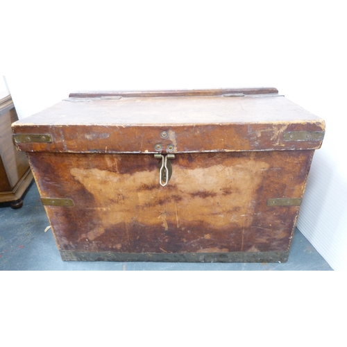 185 - Hide tooled travel trunk containing a quantity of loose and framed oils by amateur artists to includ... 