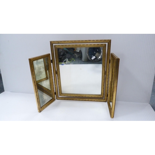 187 - Tri-plate dressing mirror and a Victorian-style plated tray.