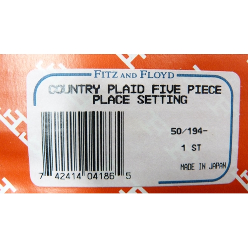 189 - Carton containing six boxed Fitz & Floyd Country Plaid five-piece place settings.