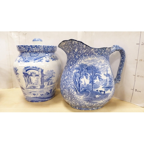 192 - Blue and white biscuit barrel with plated lid and mounts, Chinese-style reticulated octagonal basket... 