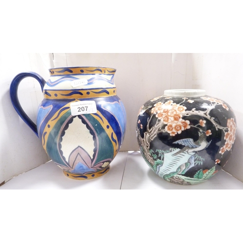 207 - Carlton Ware Handcraft Art Deco-style jug (a/f) and a Chinese famille verte ginger jar decorated wit... 