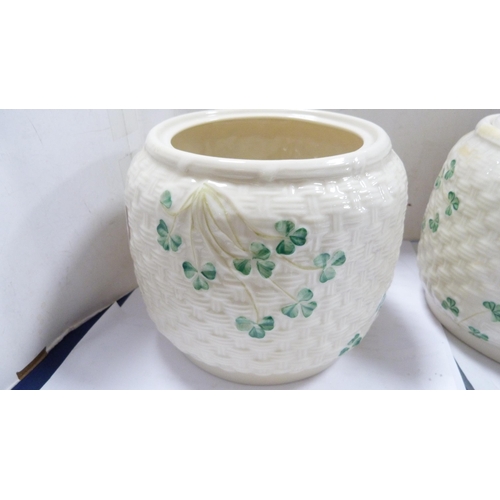 215 - Pair of modern Belleek porcelain cylindrical jars and covers decorated with shamrocks.