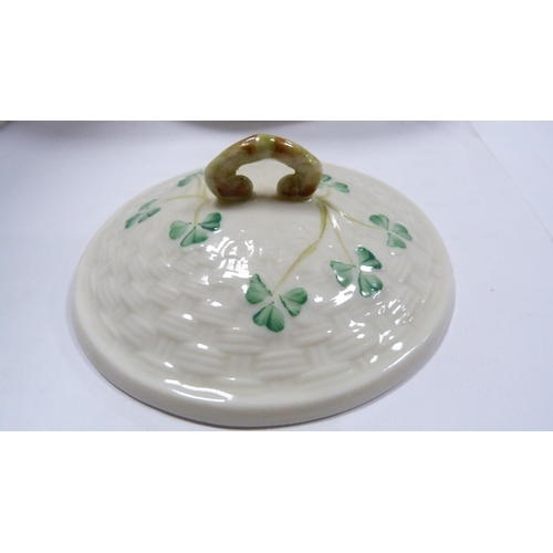 215 - Pair of modern Belleek porcelain cylindrical jars and covers decorated with shamrocks.