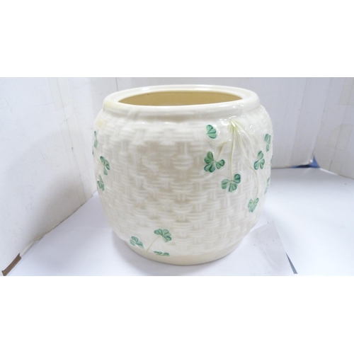 215 - Pair of modern Belleek porcelain cylindrical jars and covers decorated with shamrocks.