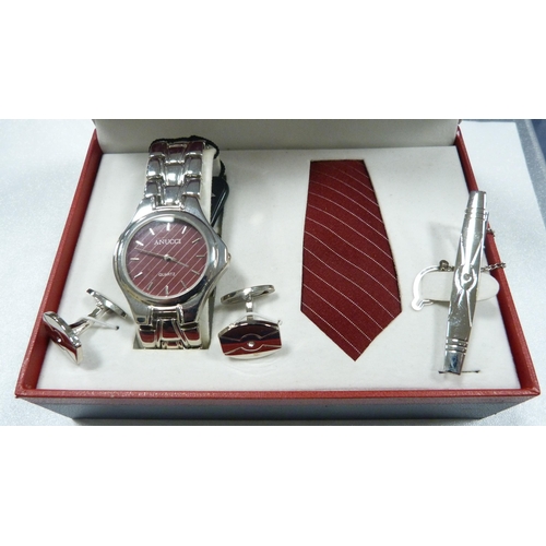 231 - Lady's fashion watch set, gent's set with tie clip, tie, watch and cufflinks, and a costume pocket w... 