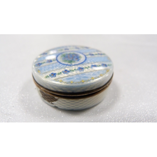 264 - Continental guilloché enamel pill box, white metal and mother of pearl decorated pill box, an... 