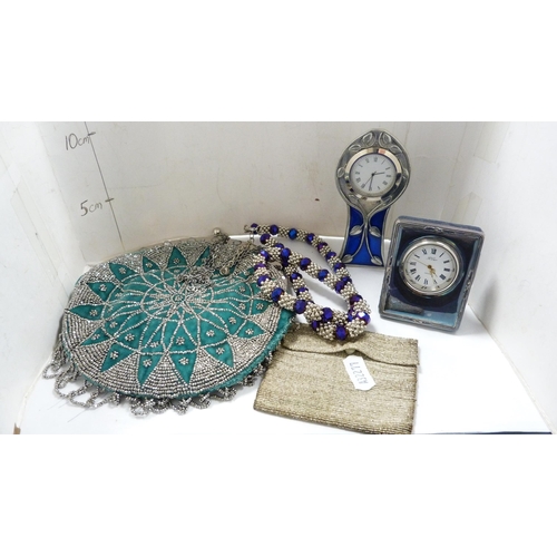 267 - Lady's white metal bead design and green fabric evening bag, decorative Art Nouveau-style desk clock... 