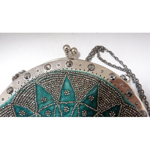 267 - Lady's white metal bead design and green fabric evening bag, decorative Art Nouveau-style desk clock... 