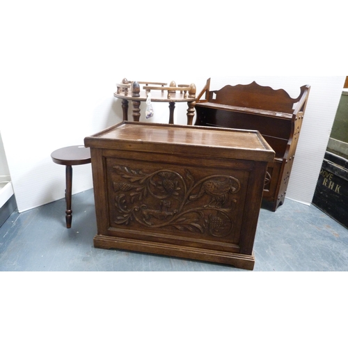 280 - Carved chest with carry handles, low cupboard, stool and a galleried trolley.