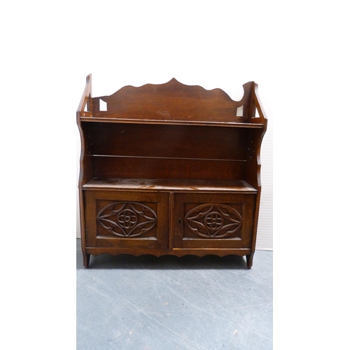 280 - Carved chest with carry handles, low cupboard, stool and a galleried trolley.