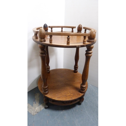 280 - Carved chest with carry handles, low cupboard, stool and a galleried trolley.