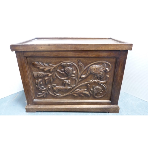 280 - Carved chest with carry handles, low cupboard, stool and a galleried trolley.