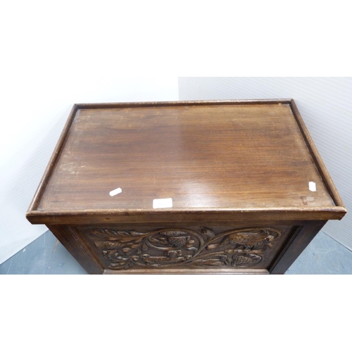 280 - Carved chest with carry handles, low cupboard, stool and a galleried trolley.