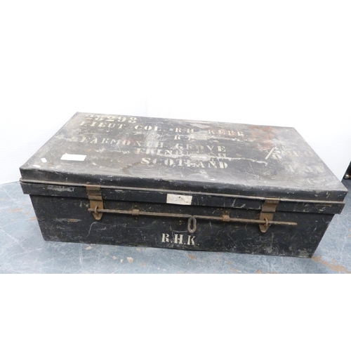 291 - Antique pine military travel trunk marked 'Major RH Kerr' and a similar metal trunk, marked 'Lieut C... 