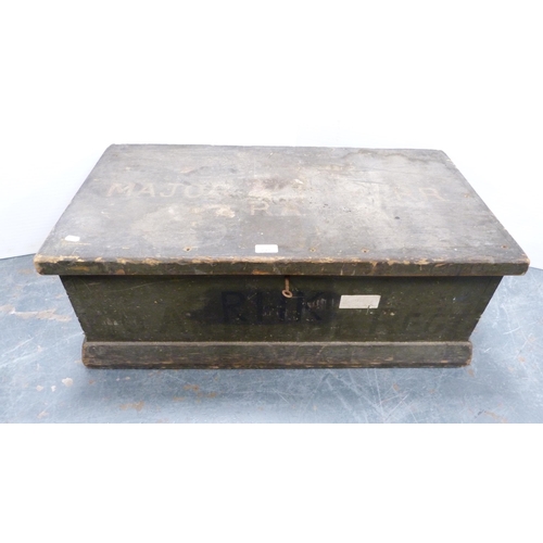 291 - Antique pine military travel trunk marked 'Major RH Kerr' and a similar metal trunk, marked 'Lieut C... 