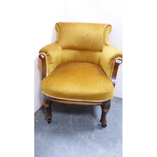 298 - Mahogany drawing room armchair upholstered in mustard-coloured Dralon.