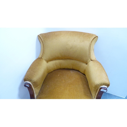 298 - Mahogany drawing room armchair upholstered in mustard-coloured Dralon.