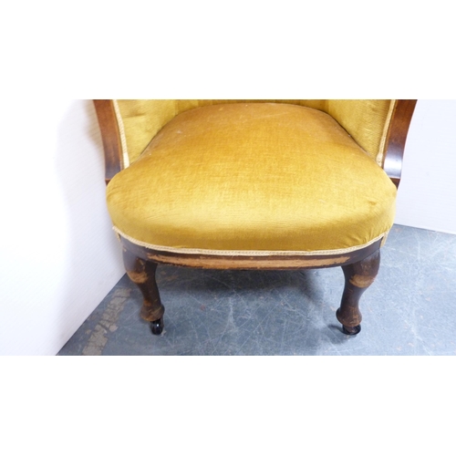 298 - Mahogany drawing room armchair upholstered in mustard-coloured Dralon.