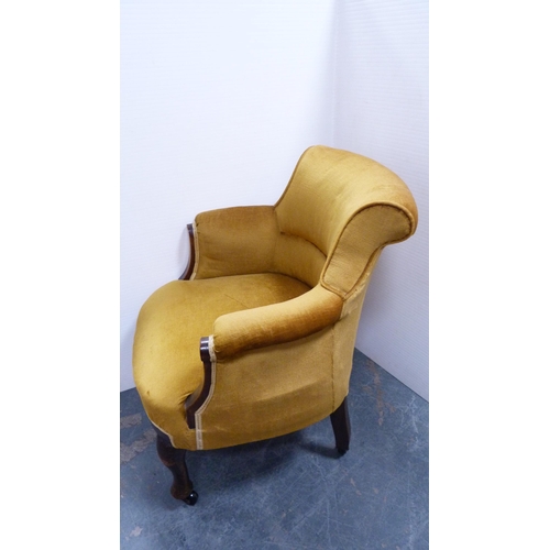 298 - Mahogany drawing room armchair upholstered in mustard-coloured Dralon.