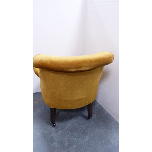 298 - Mahogany drawing room armchair upholstered in mustard-coloured Dralon.