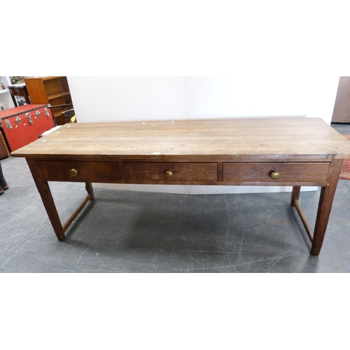 302 - Antique pine farmhouse three-drawer kitchen table.