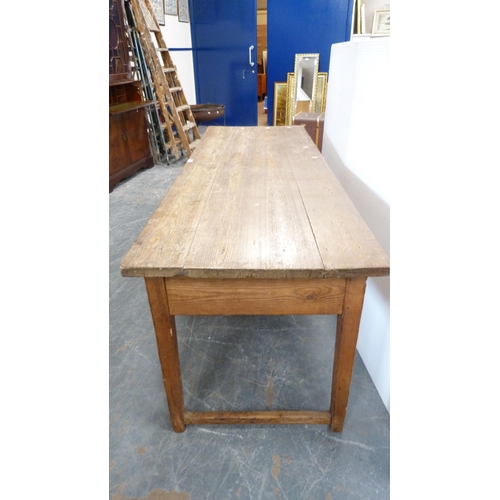 302 - Antique pine farmhouse three-drawer kitchen table.