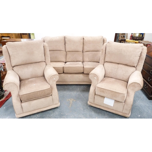 306 - Three-piece upholstered lounge suite comprising a three-seater sofa and a pair of armchairs.