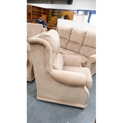 306 - Three-piece upholstered lounge suite comprising a three-seater sofa and a pair of armchairs.