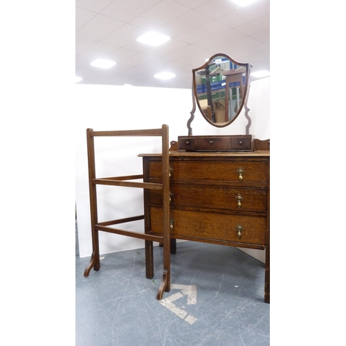 315 - 19th century mahogany shield-shaped dressing mirror, mahogany folding towel rail and a vintage oak c... 