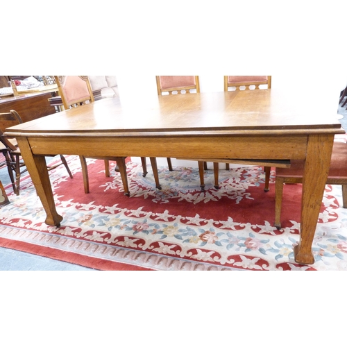 332 - Oak extending dining table and a set of six Art Nouveau-style oak dining chairs, with later upholste... 